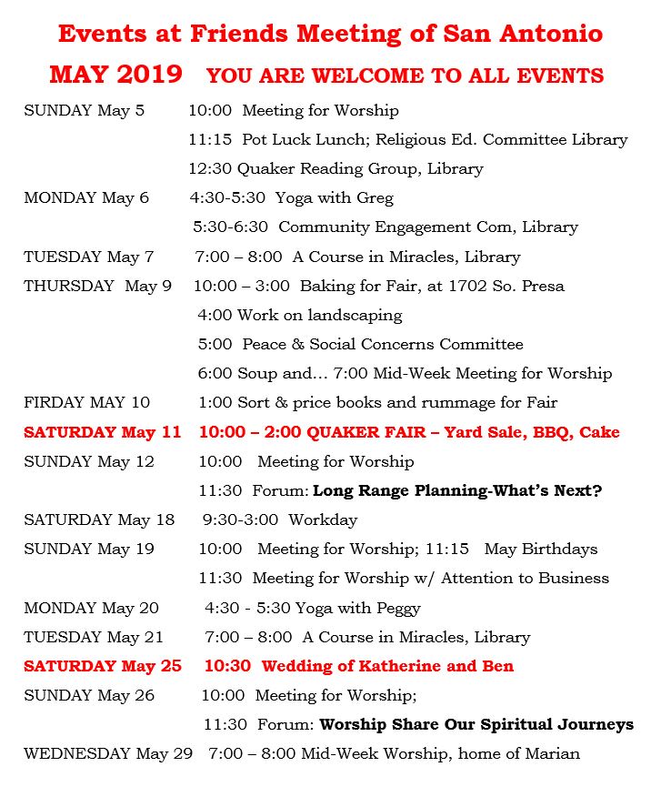 May 19 Calendar Friends Meeting of San Antonio